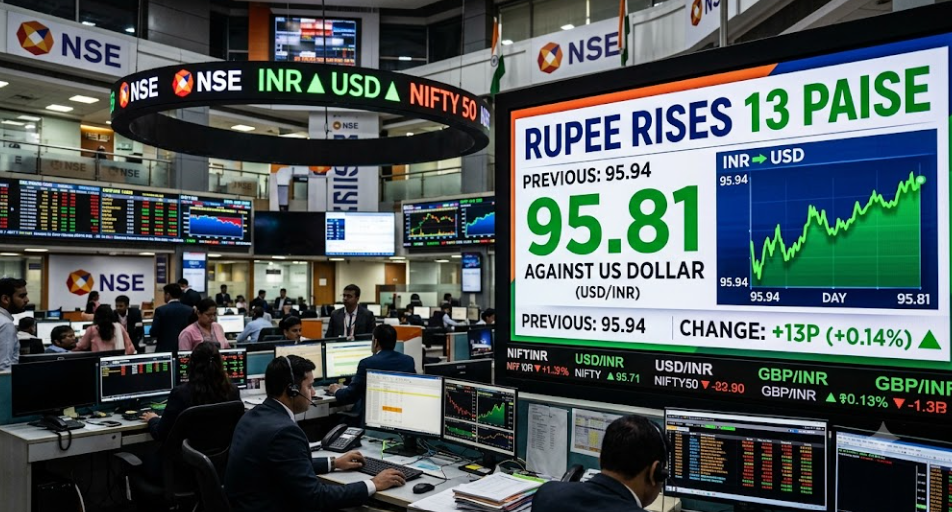 Rupee Rises 13 Paise to 95.81 Against US Dollar