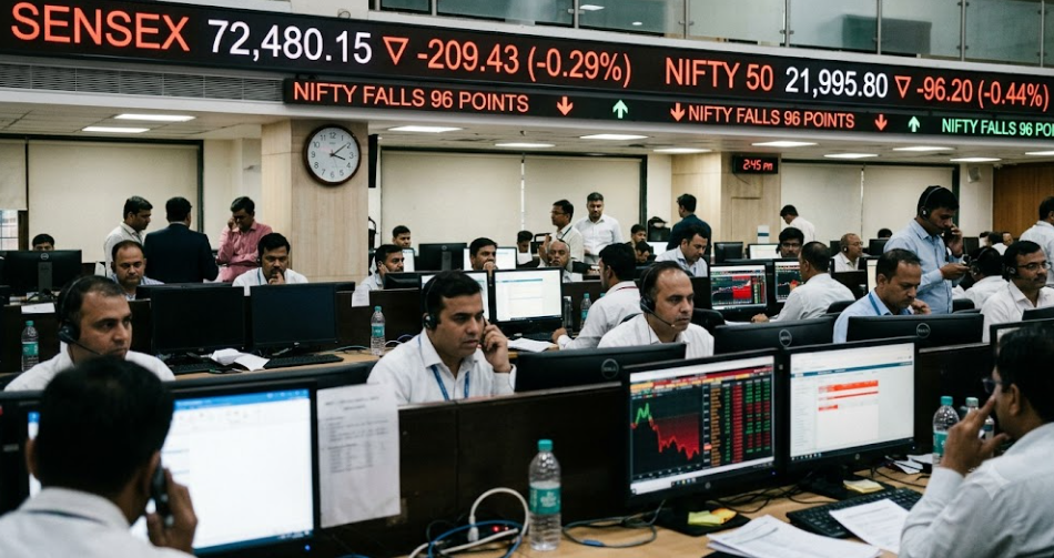 Sensex Slips to 72,480, Nifty Falls 96 Points