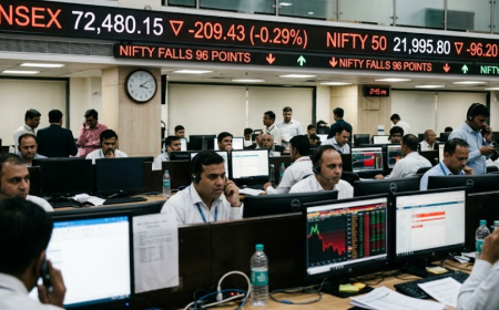 Sensex Slips to 72,480, Nifty Falls 96 Points