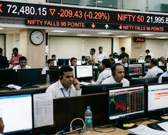 Sensex Slips to 72,480, Nifty Falls 96 Points