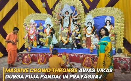 Massive Crowd Throngs Awas Vikas Durga Puja Pandal in Prayagraj for Grand Cultural Celebrations